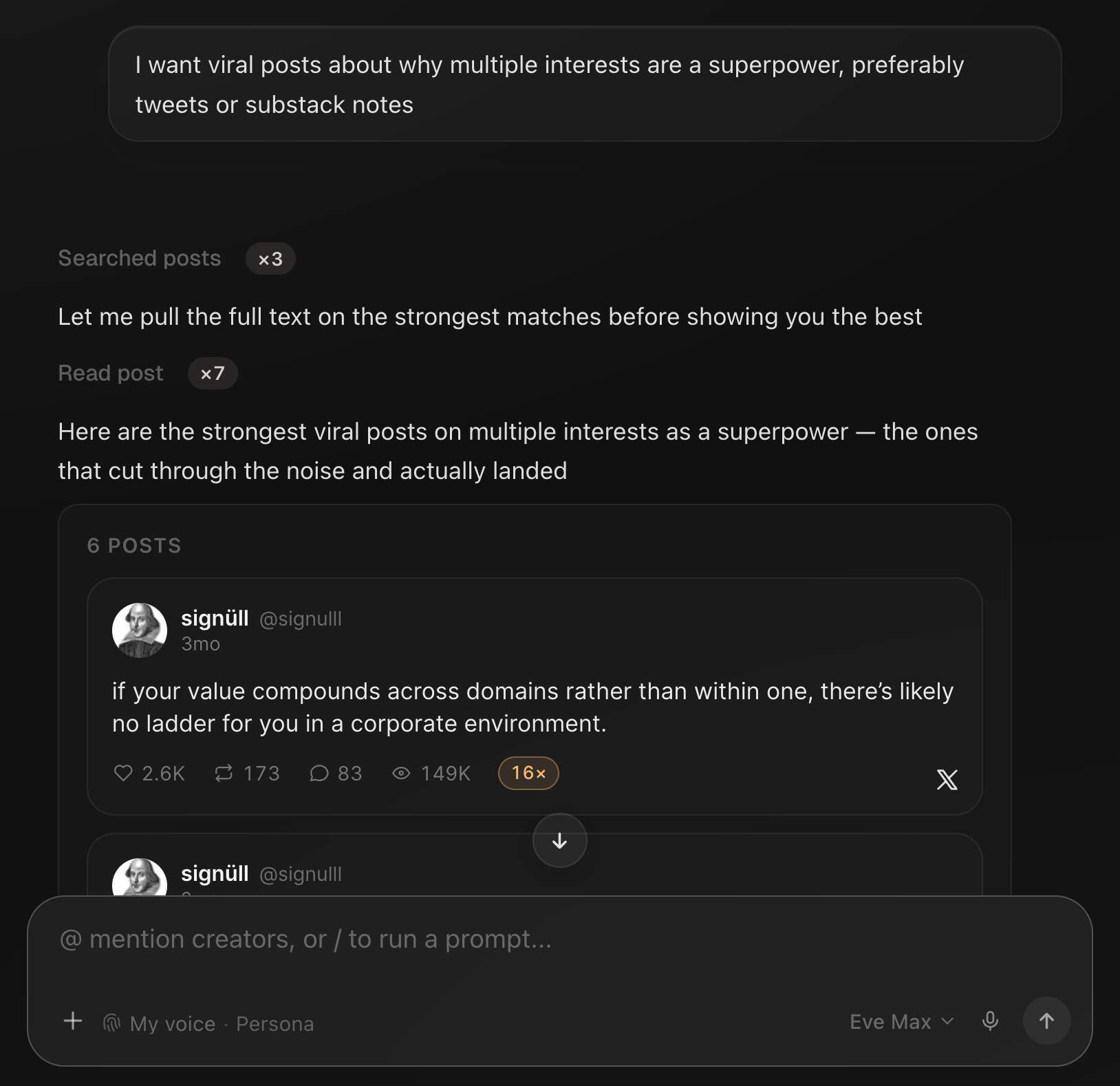 Asking Eden for viral posts on a topic, with Eden searching and reading posts, then returning the top outliers with view counts