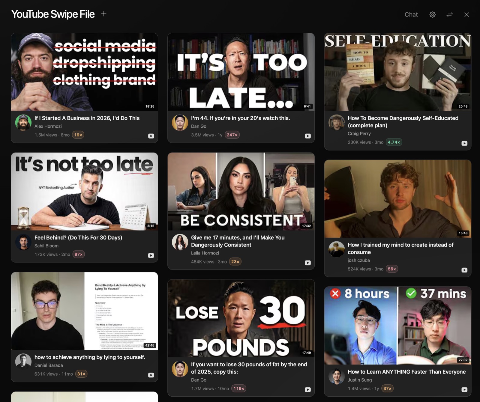 A YouTube swipe file of high-performing content in Eden