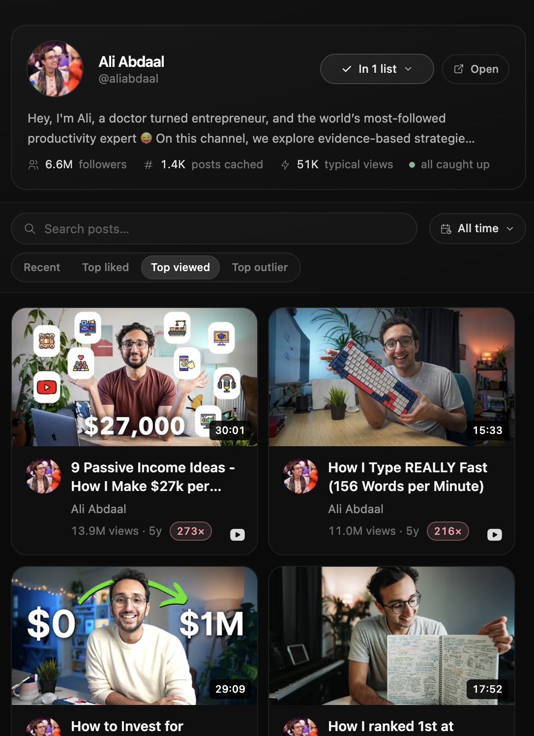 Filtering a creator's top content and adding it to a list