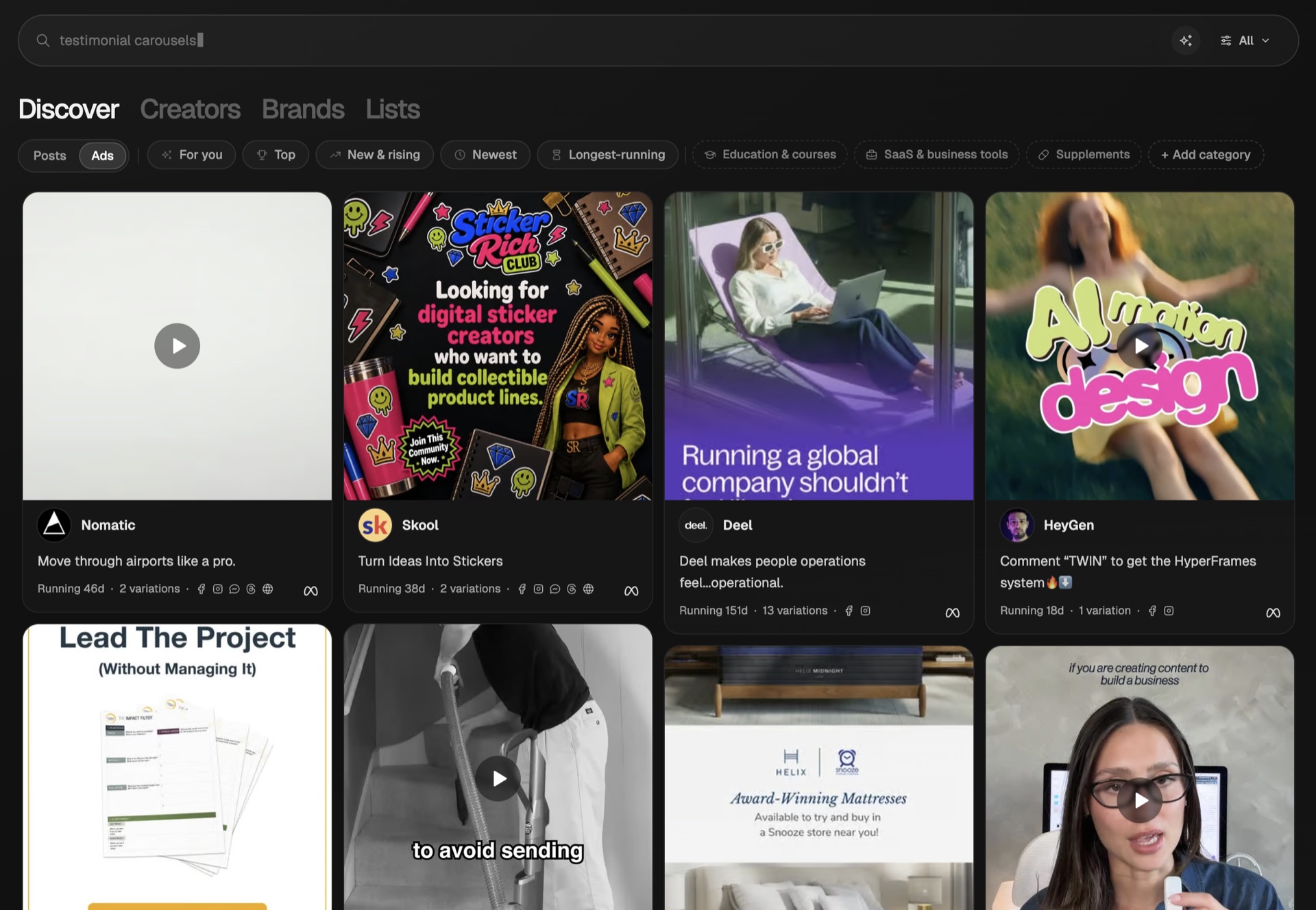 Eden's ads feed showing Meta and TikTok ads ranked by how long they have run, with niche and sort filters