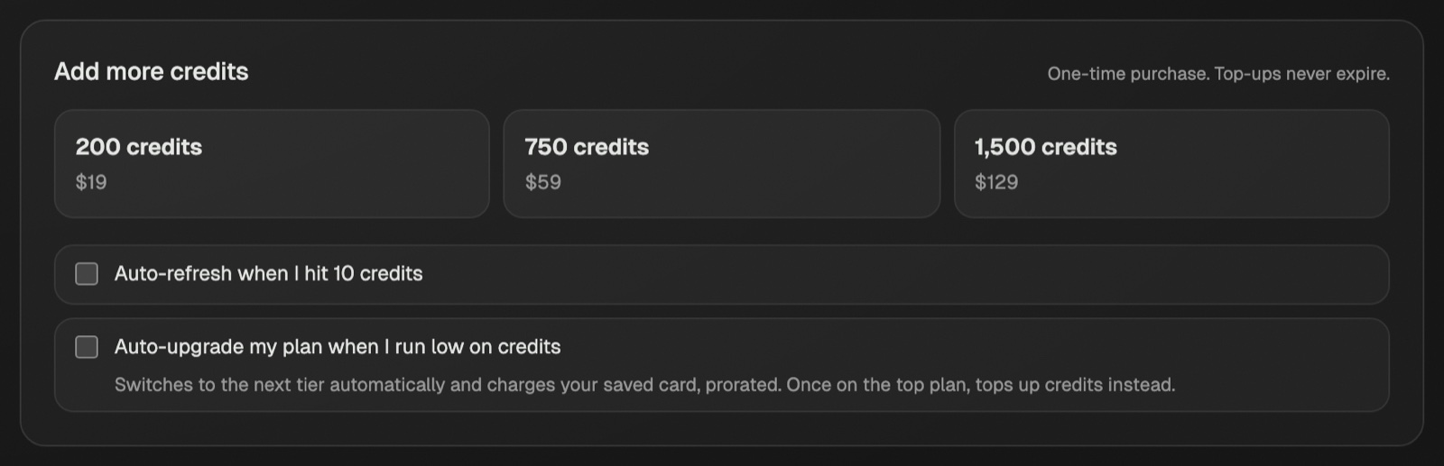 The Add more credits card in Settings → Usage with the 200, 750, and 1,500 credit packs and the auto-refresh and auto-upgrade checkboxes