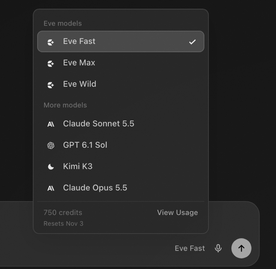 The model menu opened from the chat box, listing Eve and other models, with the credit balance and reset date at the bottom