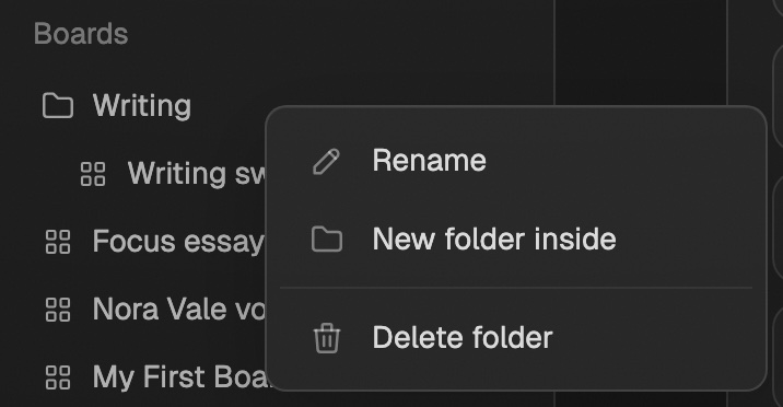 A folder's right-click menu in the sidebar with Rename, New folder inside, and Delete folder