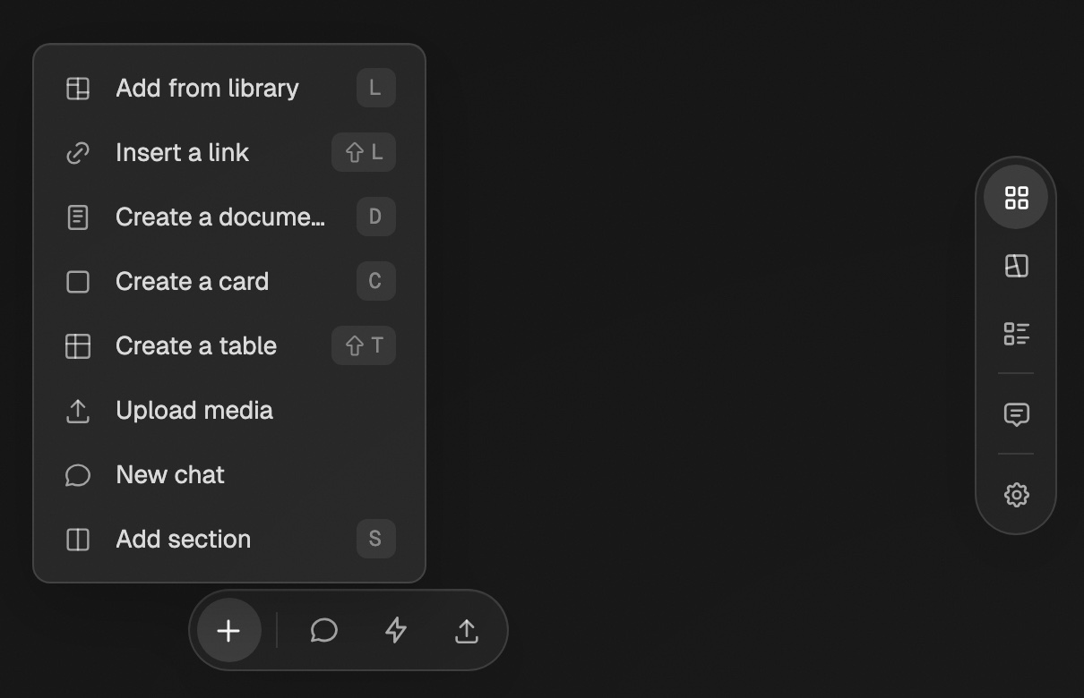 The + menu at the bottom of a board with Add from library, Insert a link, Create a document, Create a card, Create a table, Upload media, New chat, and Add section, and the view buttons on the right