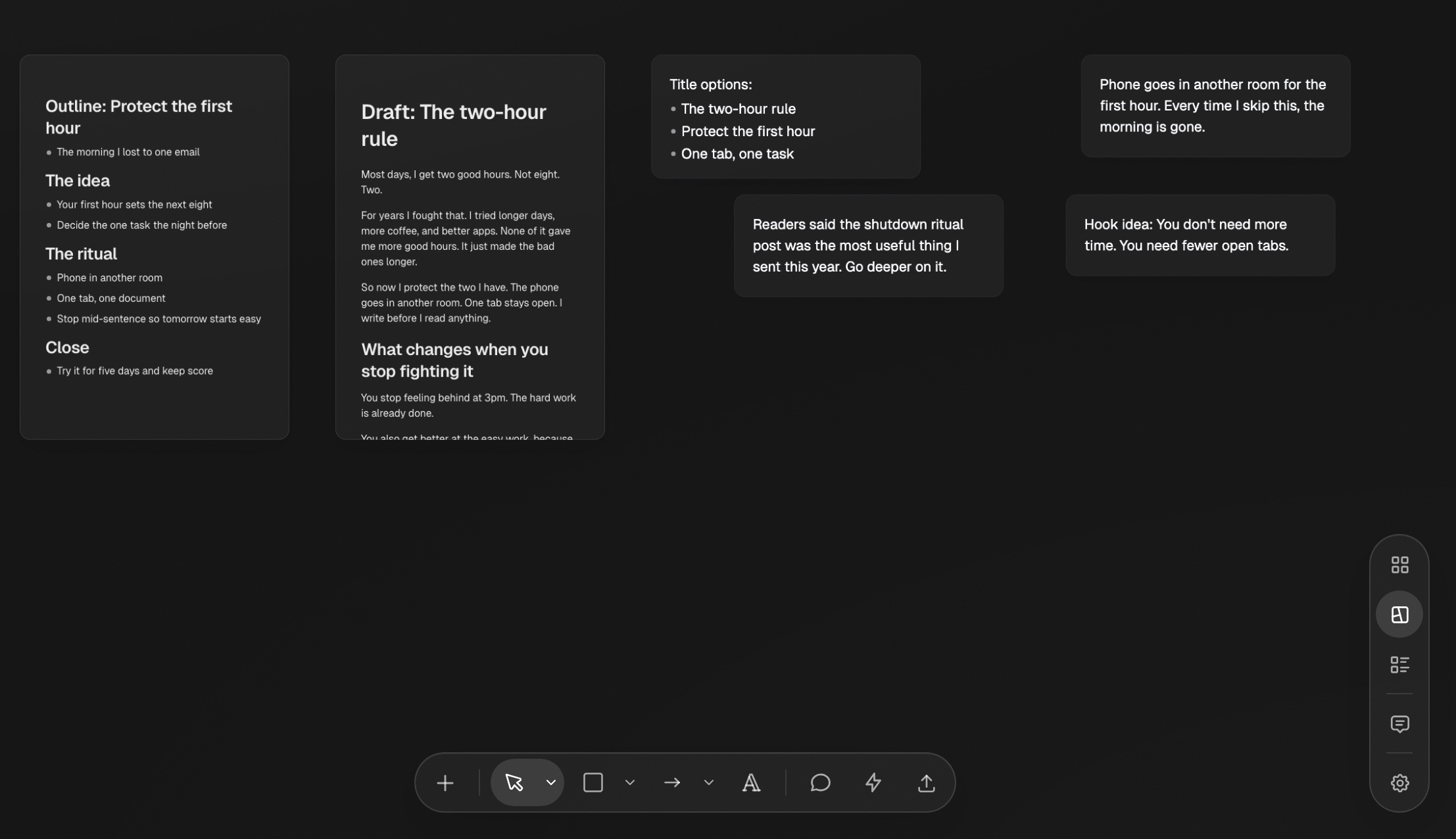 A board in Freeform view with an outline, a draft, and idea cards placed side by side, and the Grid, Freeform, and List buttons at the bottom right