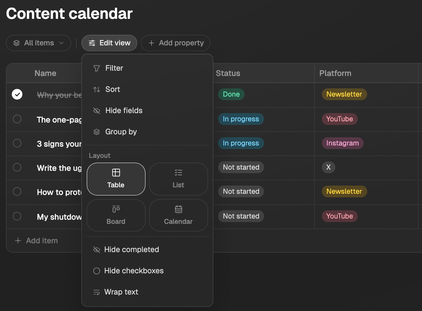 The Edit view menu with Filter, Sort, Hide fields, Group by, and the Table, List, Board, and Calendar layouts
