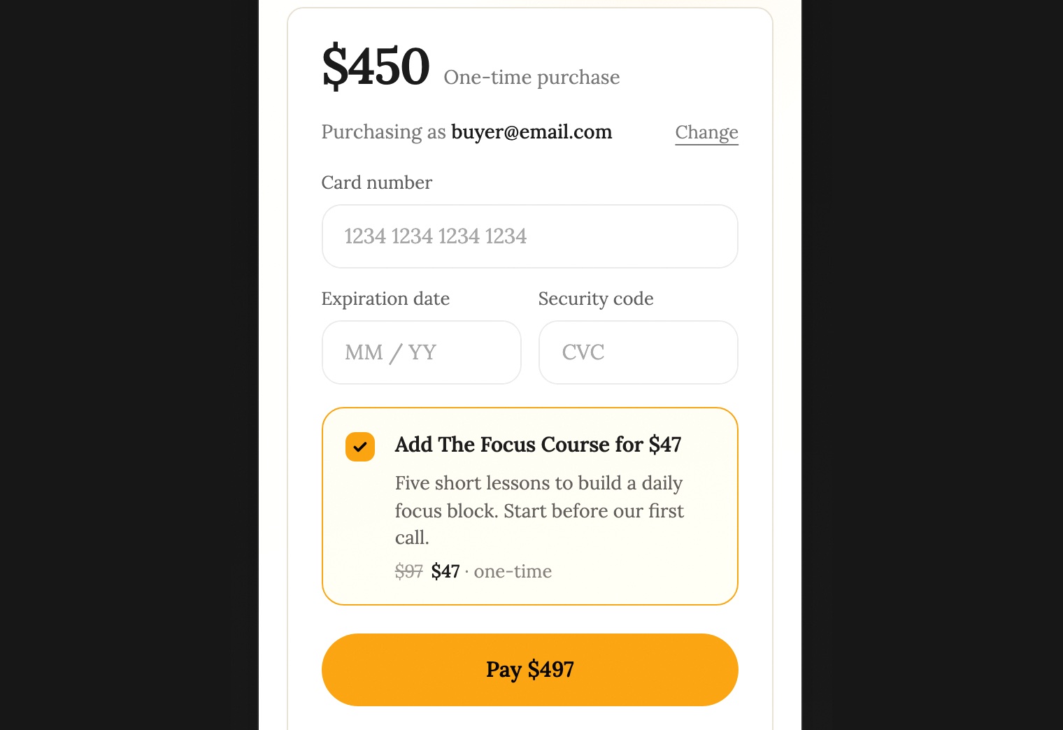 The checkout preview for a $450 coaching product with the order bump card ticked, adding The Focus Course for $47 and changing the button to Pay $497