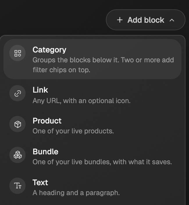 The Add block menu in the store page editor, with Bundle listed after Product as One of your live bundles, with what it saves