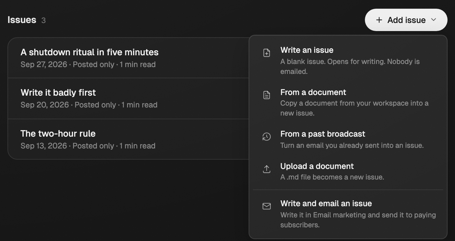 The Issues step with three posted issues and the Add issue menu open: Write an issue, From a document, From a past broadcast, Upload a document, and Write and email an issue