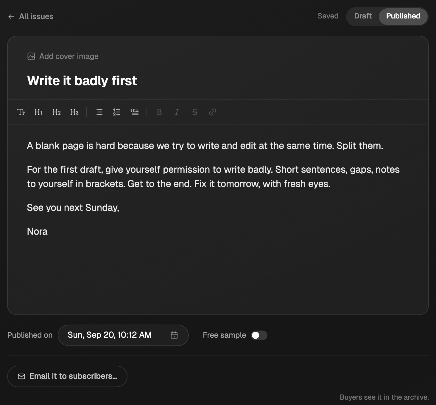 An open issue with its title and body, the Draft and Published switch, the Published on date, the Free sample switch, and the Email it to subscribers button