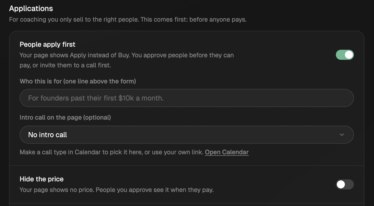 The Applications section of the Coaching step with People apply first turned on, a Who this is for line, an Intro call picker, and the Hide the price switch