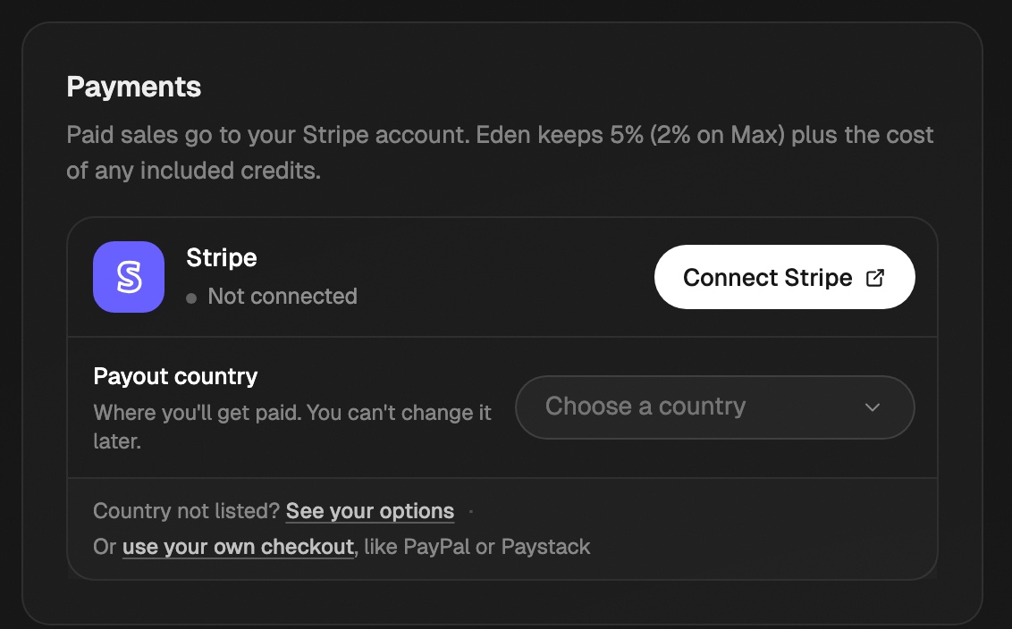 The Payments card on Storefront with Connect Stripe, the Payout country picker, and the Country not listed? See your options link under it