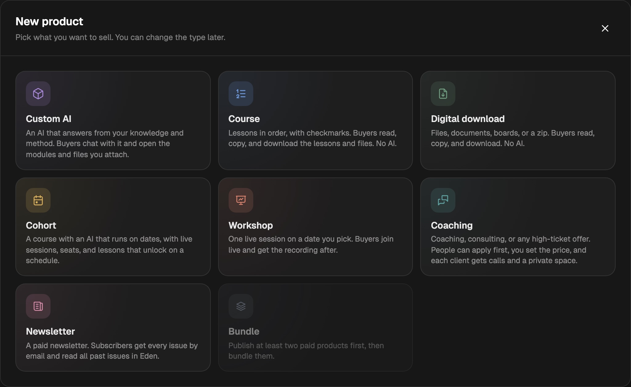 The New product window with a card for each type: Custom AI, Course, Digital download, Cohort, Workshop, Coaching, Newsletter, and Bundle