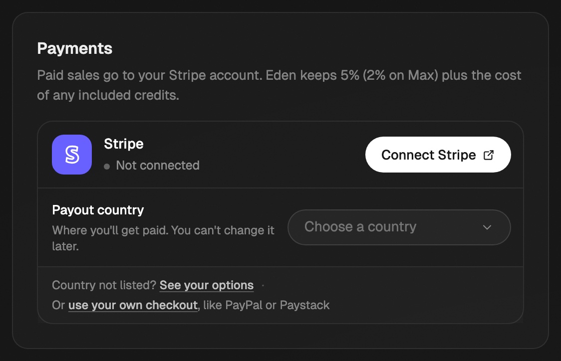 The Payments card on Storefront with the Connect Stripe button and a Payout country picker
