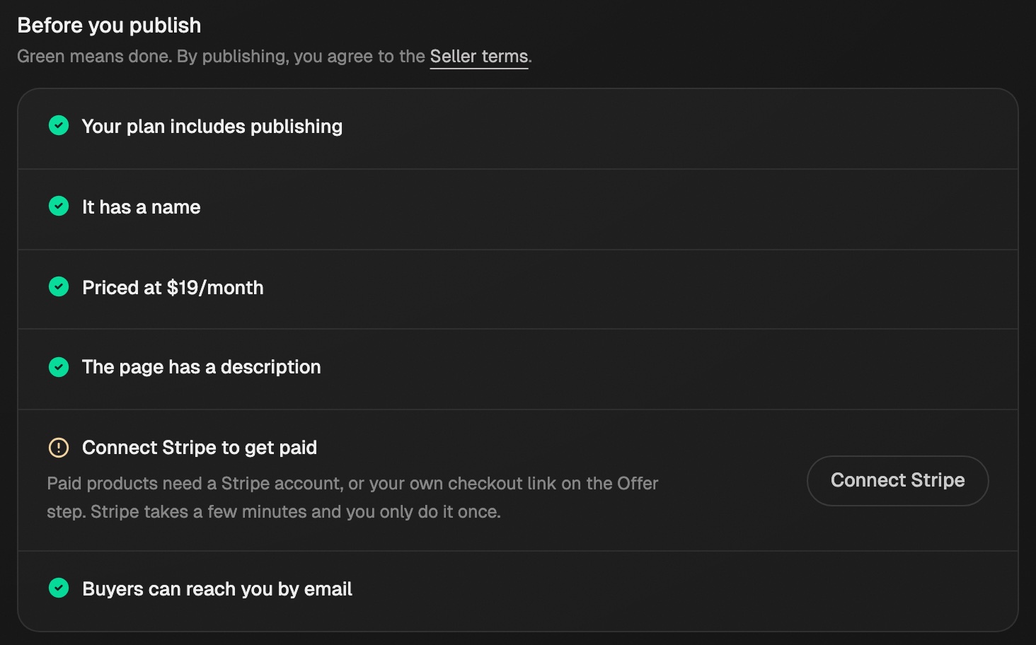 The Before you publish checklist with green checks and one open item, Connect Stripe to get paid, with its own Connect Stripe button