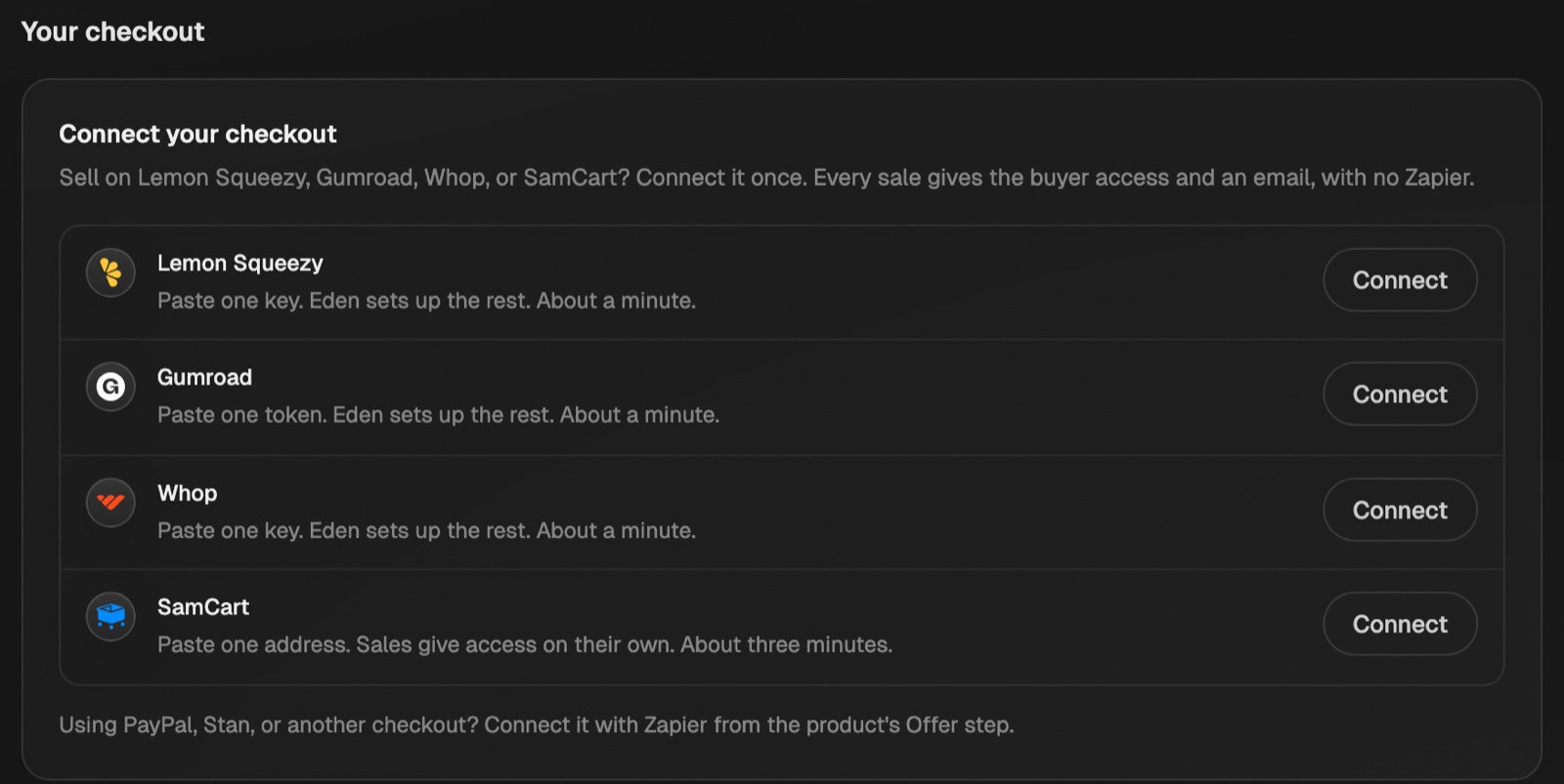 The Connect your checkout card under Your checkout in Integrations, with a Connect button for Lemon Squeezy, Gumroad, Whop, and SamCart