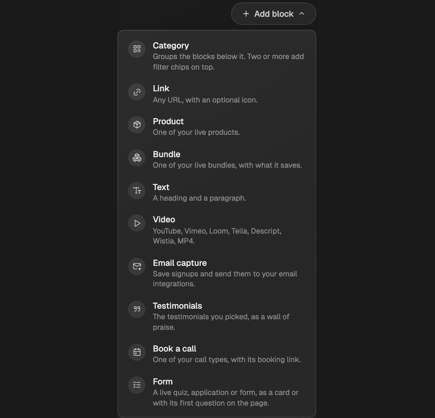 The Add block menu open in the page editor, listing Category, Link, Product, Bundle, Text, Video, Email capture, Testimonials, Book a call, and Form