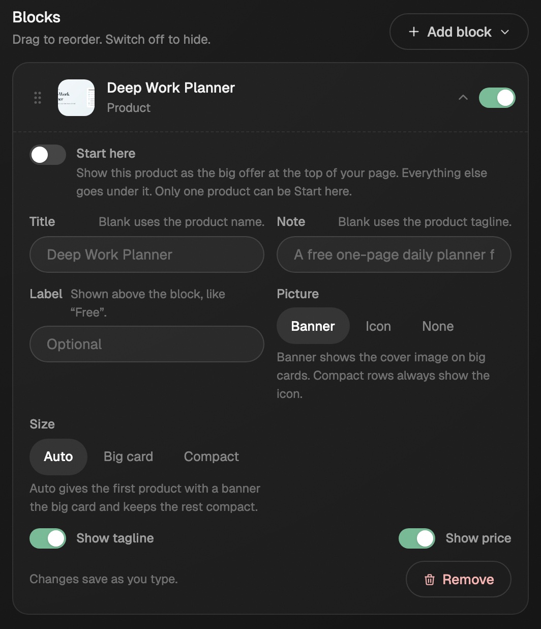 A Product block opened in the page editor, with the Start here switch, Title, Note, Label, Picture, Size, Show tagline, Show price, and Remove