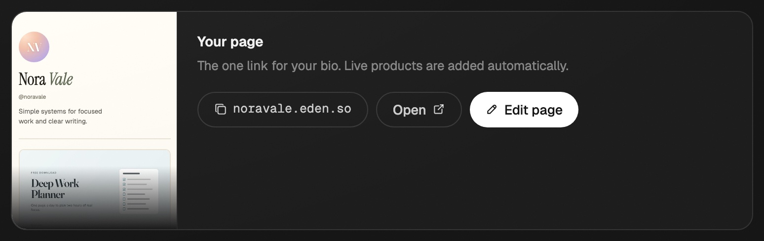The Your page card on Storefront with a thumbnail of the page, the page link, an Open button, and the Edit page button