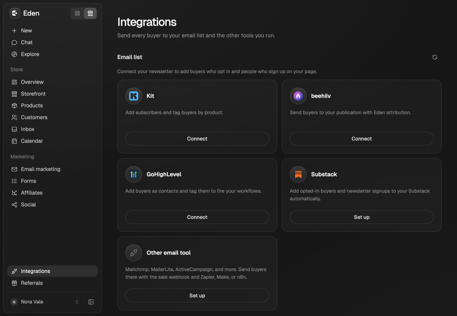 The store's Integrations page, opened from the bottom of the store sidebar, with Kit, beehiiv, GoHighLevel, Substack, and Other email tool under Email list