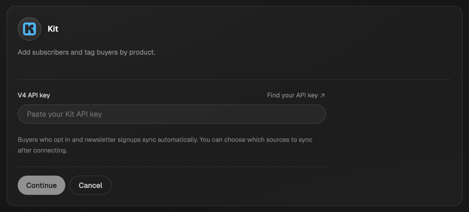 The Kit card open with a V4 API key box, a Find your API key link, and the Continue button