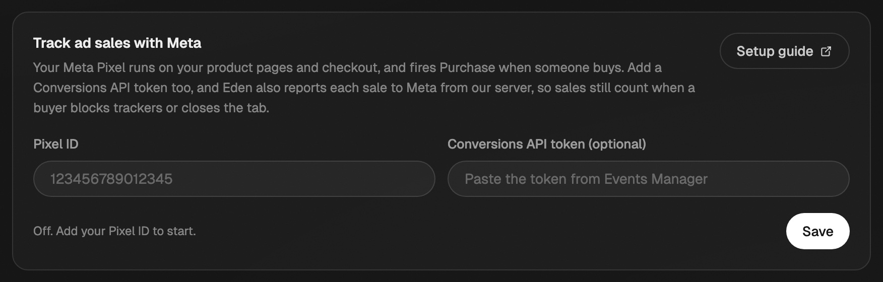 The Track ad sales with Meta card in the store's Integrations page, with Pixel ID and Conversions API token boxes and a Save button