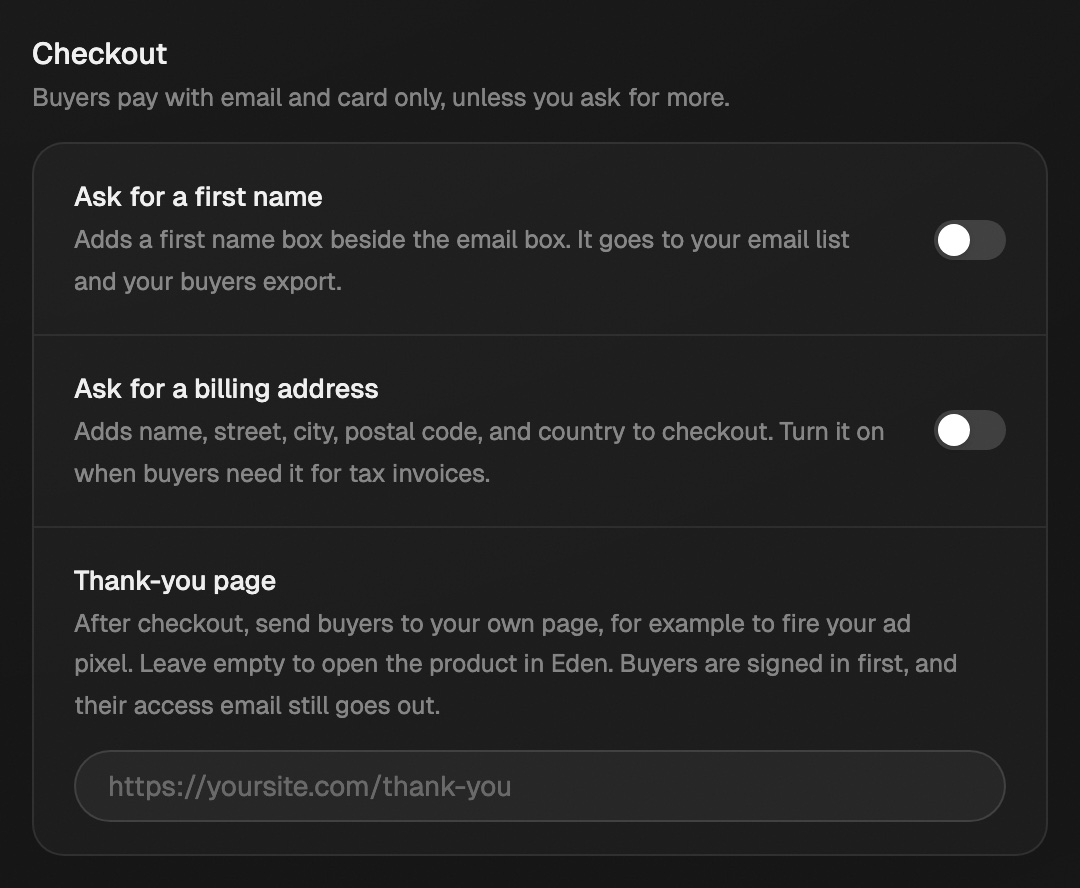 The Checkout section of a product's Offer step, with the Thank-you page box at the bottom