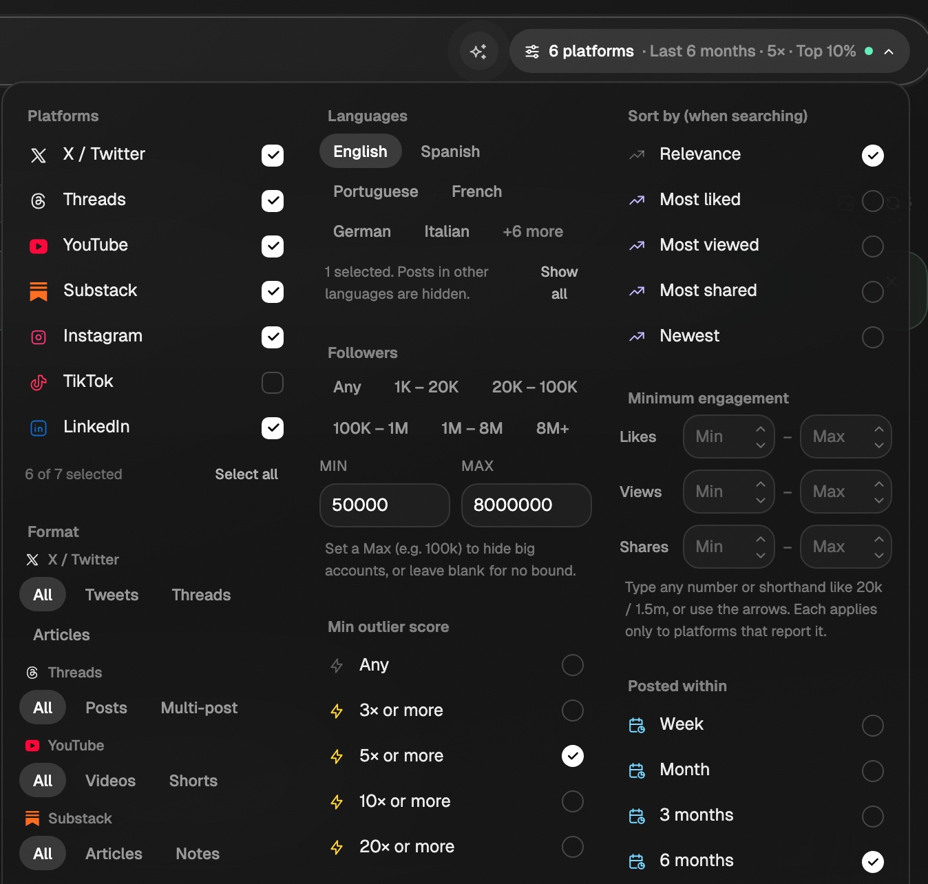 The Discover filter panel open under the search bar, with Platforms, Format, Languages, Followers, Min outlier score, Sort by, Minimum engagement, and Posted within