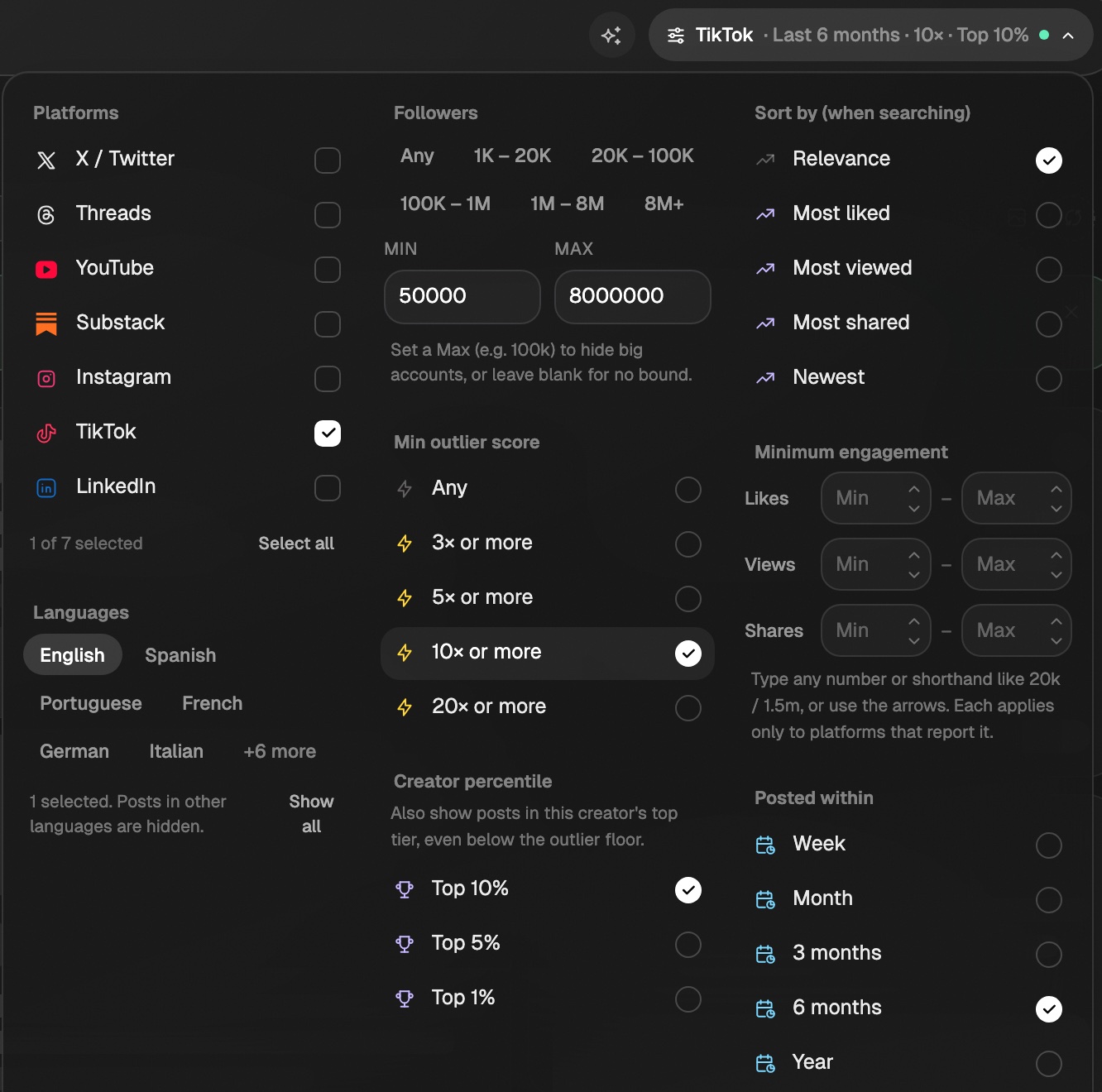 The Discover filter panel with only TikTok checked under Platforms and 10× or more picked under Min outlier score