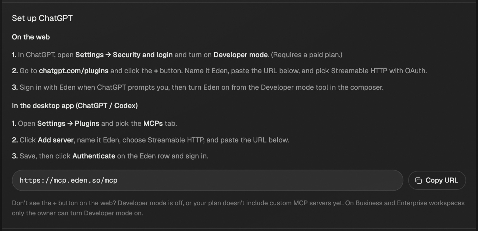 ChatGPT setup steps opened in Eden, with the server URL and a Copy URL button