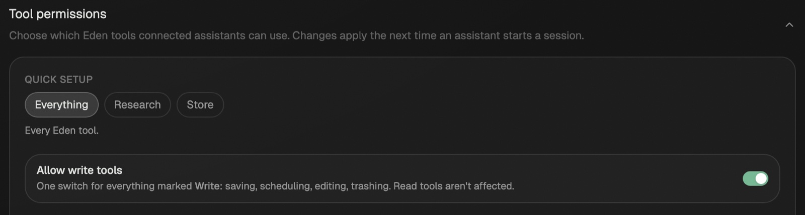 Tool permissions opened, showing Quick setup choices Everything, Research, and Store, and the Allow write tools switch