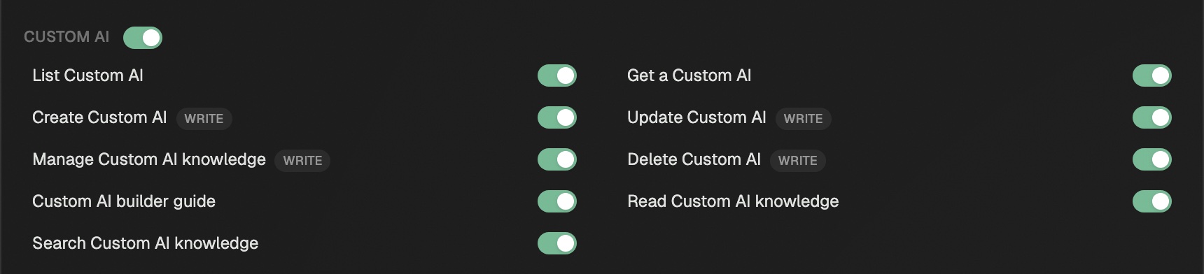 The Custom AI group in Settings → MCP → Tool permissions, with its group switch and one switch per tool, from List Custom AI to Read Custom AI knowledge