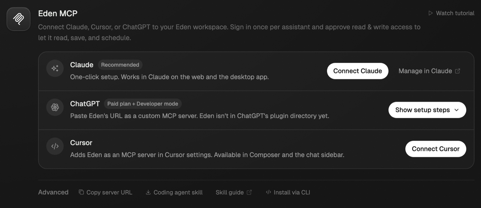 The Eden MCP card in Settings → MCP, with the Connect Claude button at the top