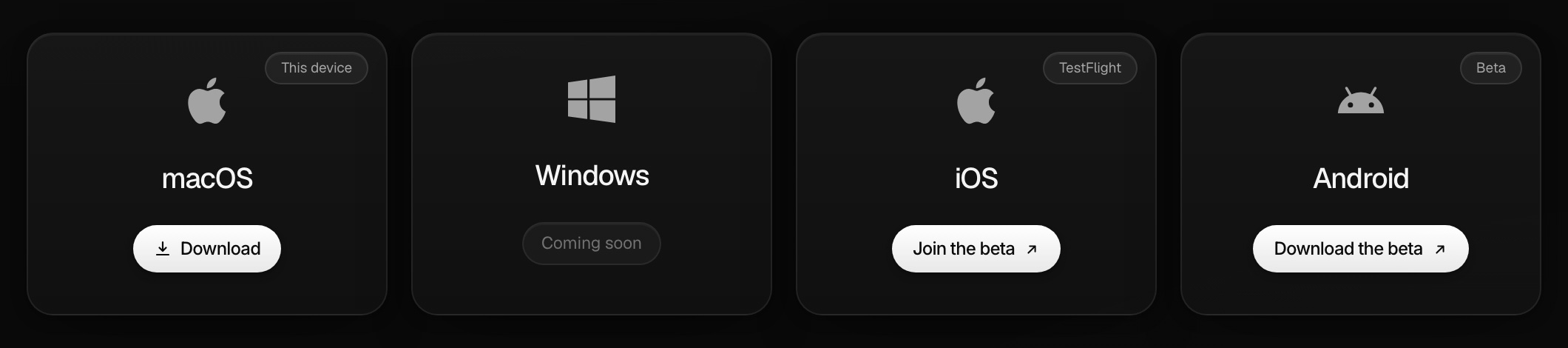 The eden.so downloads page with cards for macOS, Windows, iOS, and Android, and a Download button on the macOS card