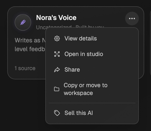 A Custom AI card with its ⋯ menu open, showing View details, Open in studio, Share, Copy or move to workspace, and Sell this AI
