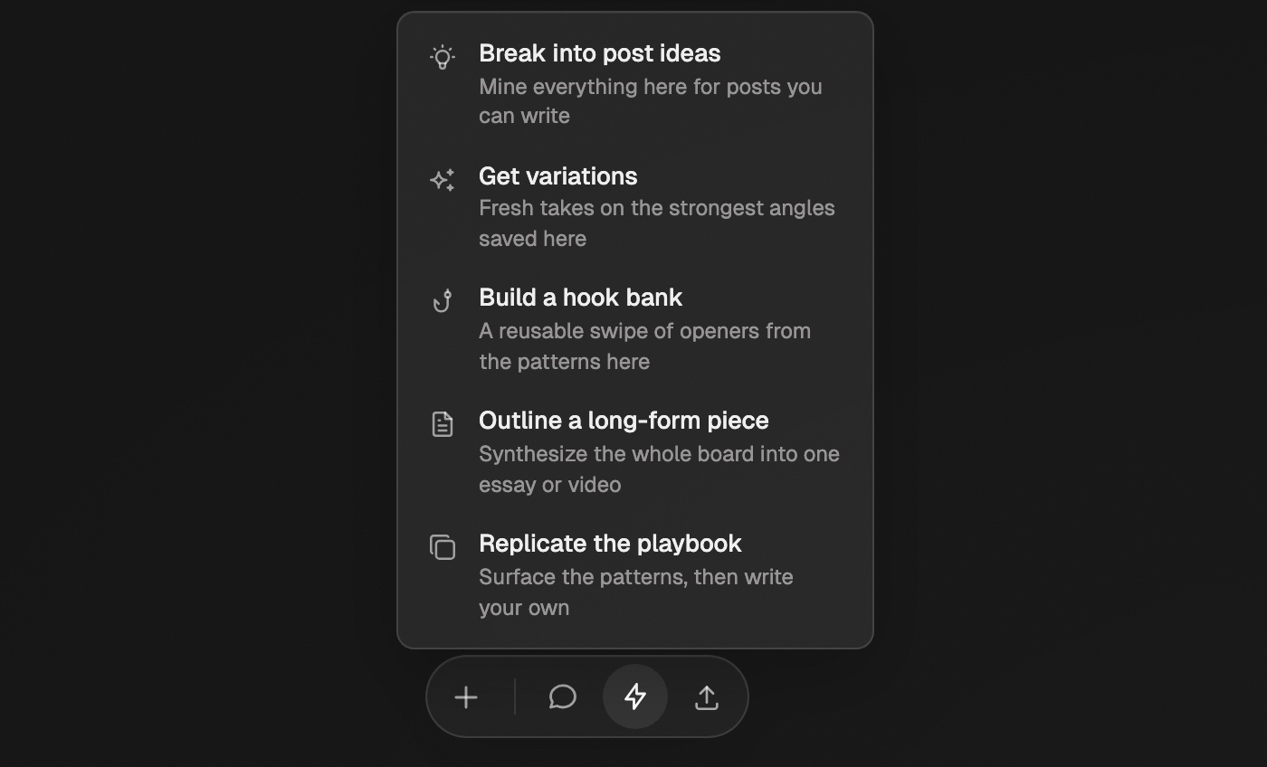 The boost menu open above a board's bottom toolbar, with post ideas, variations, hook bank, outline, and playbook options