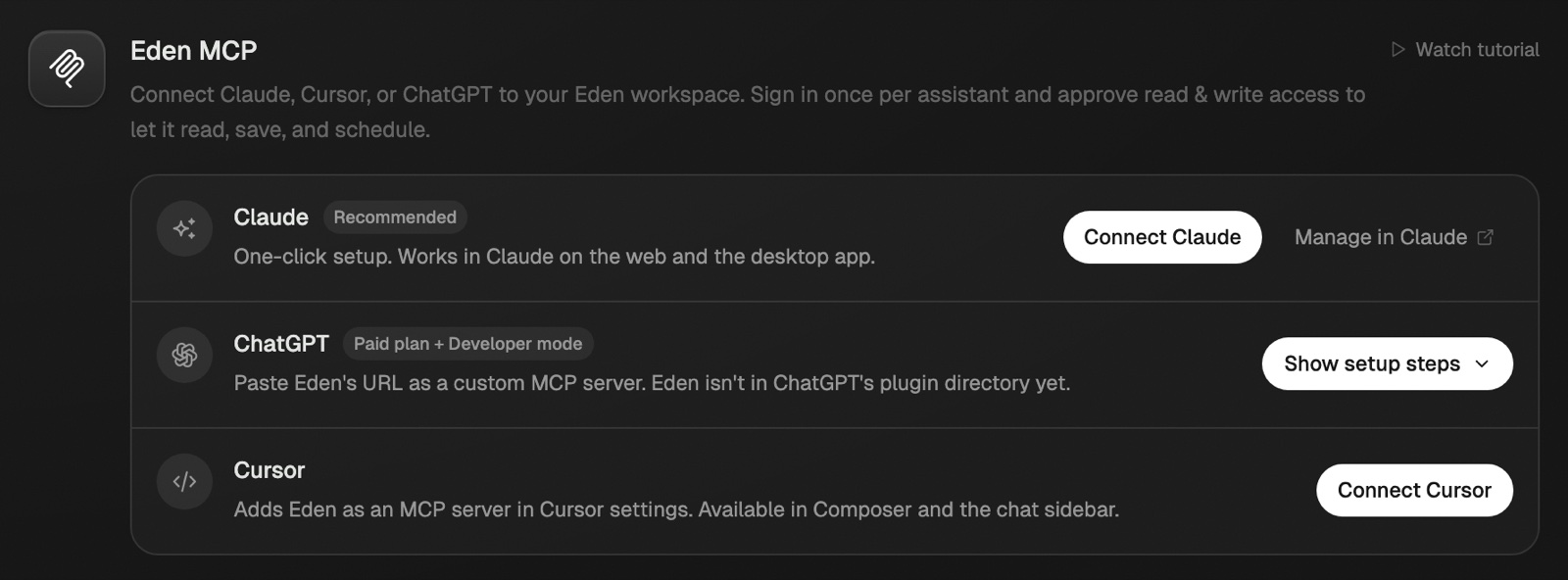 The Eden MCP card in Settings, with Connect Claude, ChatGPT setup steps, and Connect Cursor
