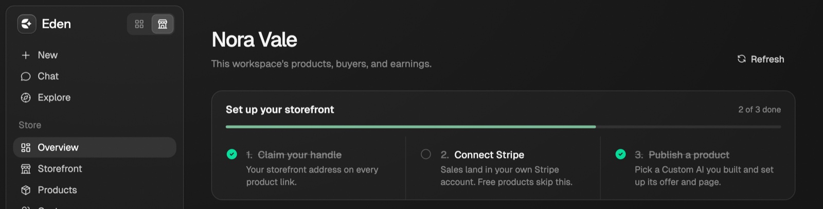 Eden with the Store view open: the Store shop icon is selected at the top of the sidebar, next to the Workspace grid icon