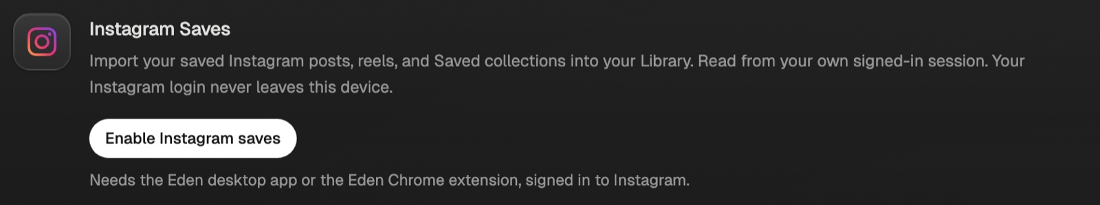 The Instagram Saves card in Settings, Integrations, with the Enable Instagram saves button