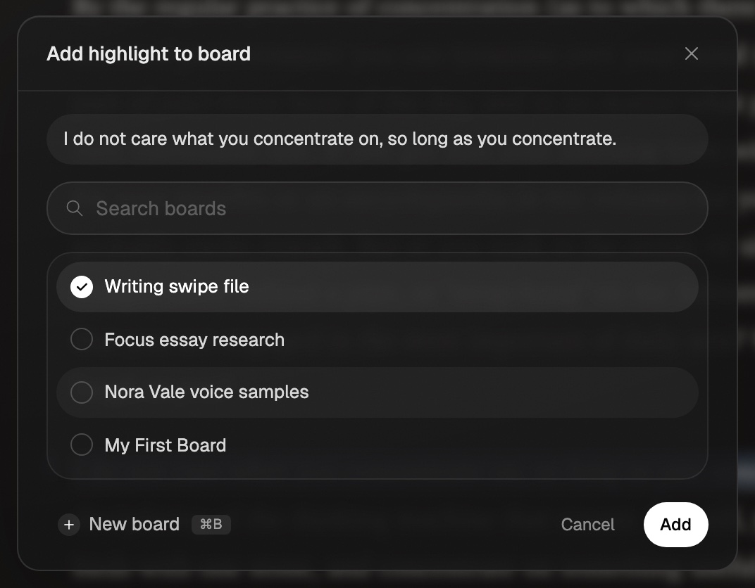 The Add highlight to board dialog with the highlight text at the top, a Search boards box, a list of boards, and the New board, Cancel, and Add buttons