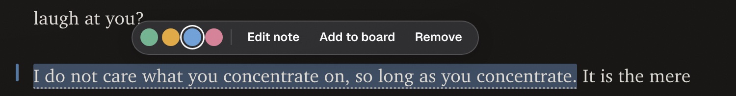 A saved blue highlight with its toolbar open: four color dots, Edit note, Add to board, and Remove
