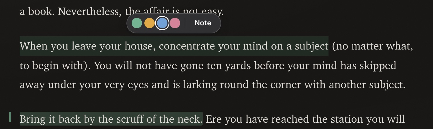 Selected text in Reader with the highlight toolbar above it: four color dots and a Note button, and a saved green highlight further down