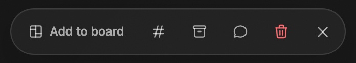The bar at the bottom of the Library after selecting a highlight: Add to board, then icons for Tags, Archive, Chat with, Delete, and Clear selection