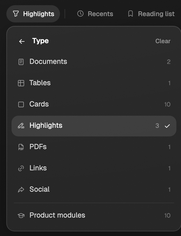 The Library Filter menu open on Type, with Highlights checked and the filter button now reading Highlights